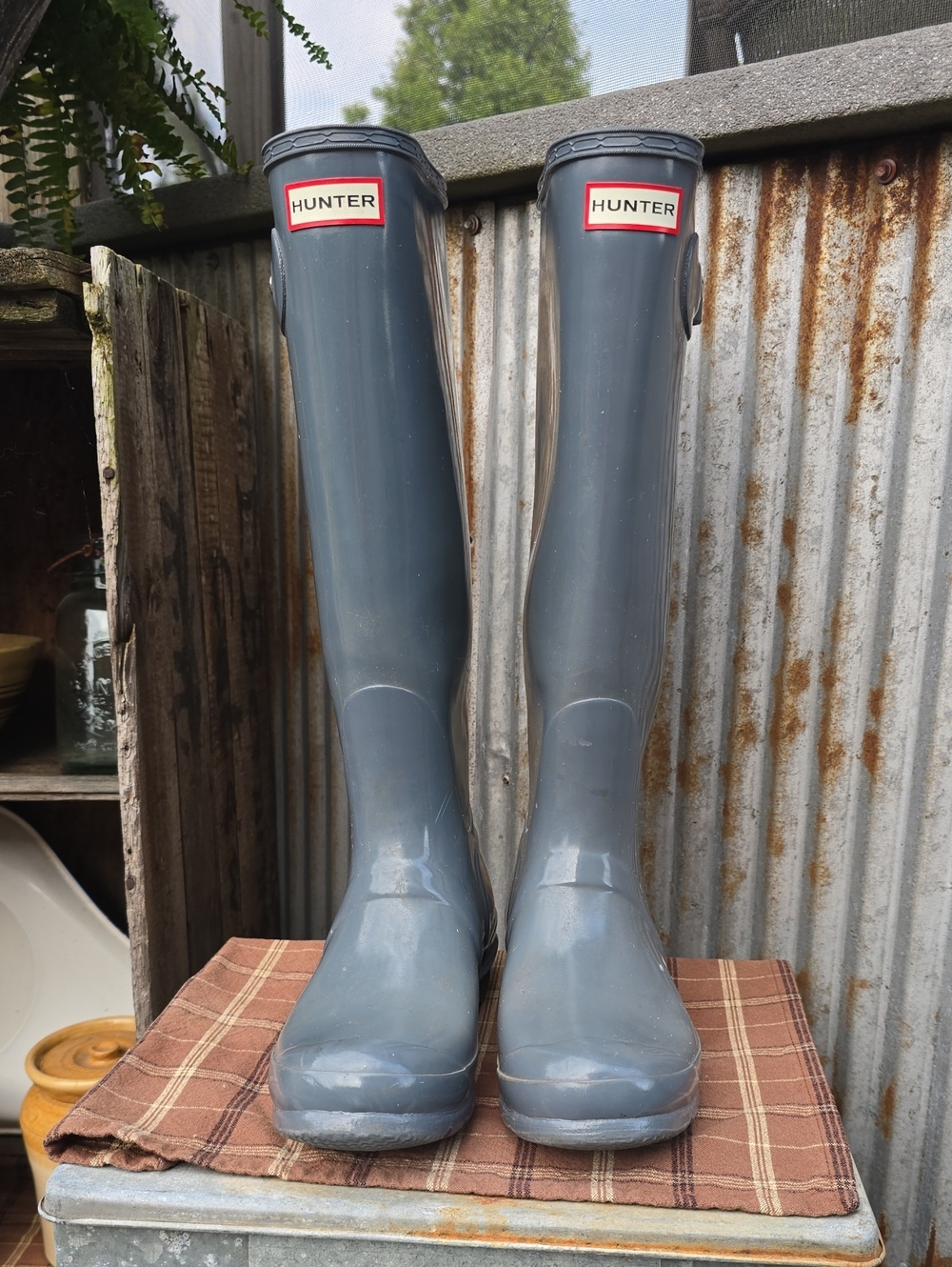 Hunter Tall Gloss Rain Boots in Slate Grey/Blue